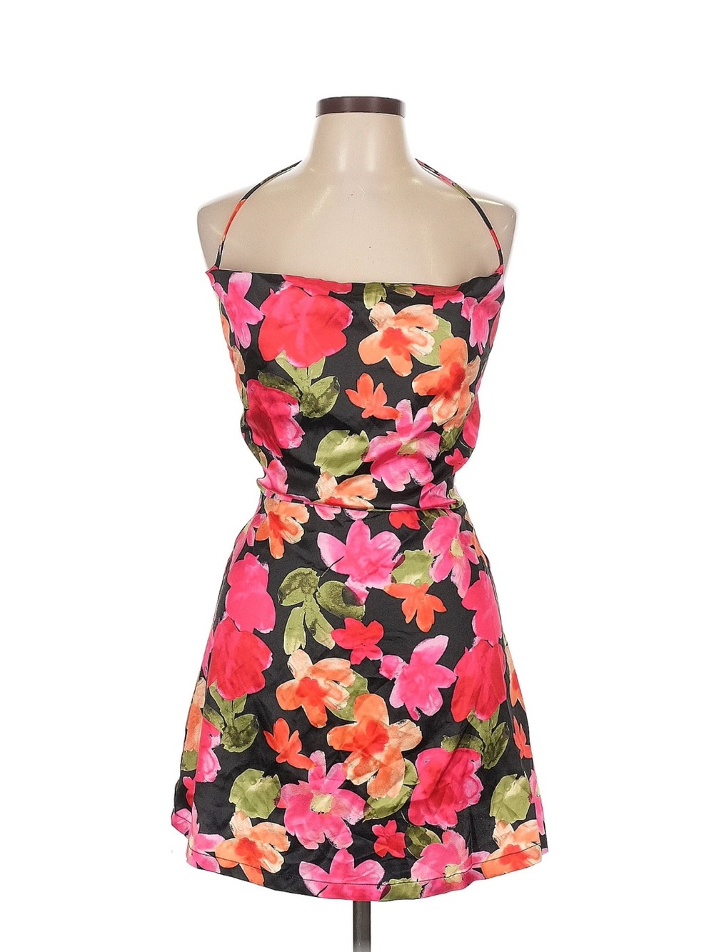 NWT Beginning Boutique Black Halter Mini Dress Pink & Orange Floral Print 8 10